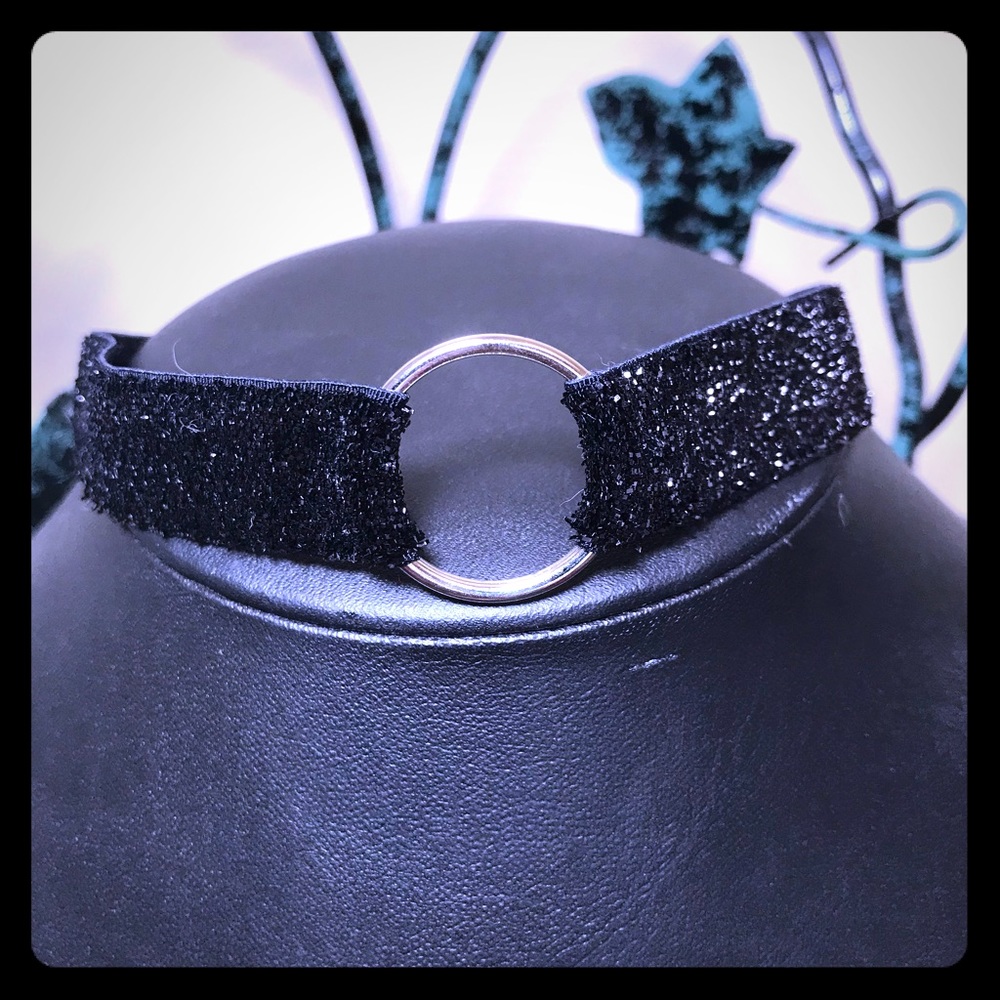 Black Glitter Ribbon O Ring Bondage Chocker New